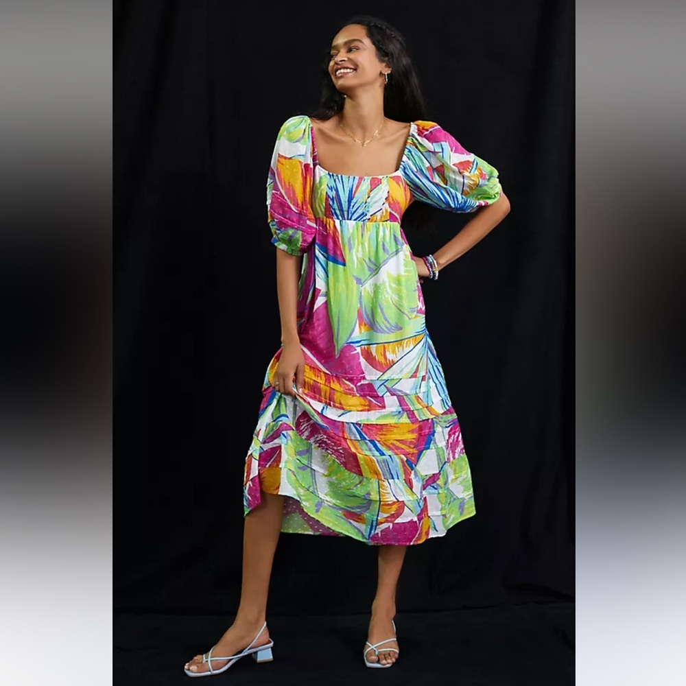 Farm Rio Rainbow Leaves Colorful Print midi Dress open back M